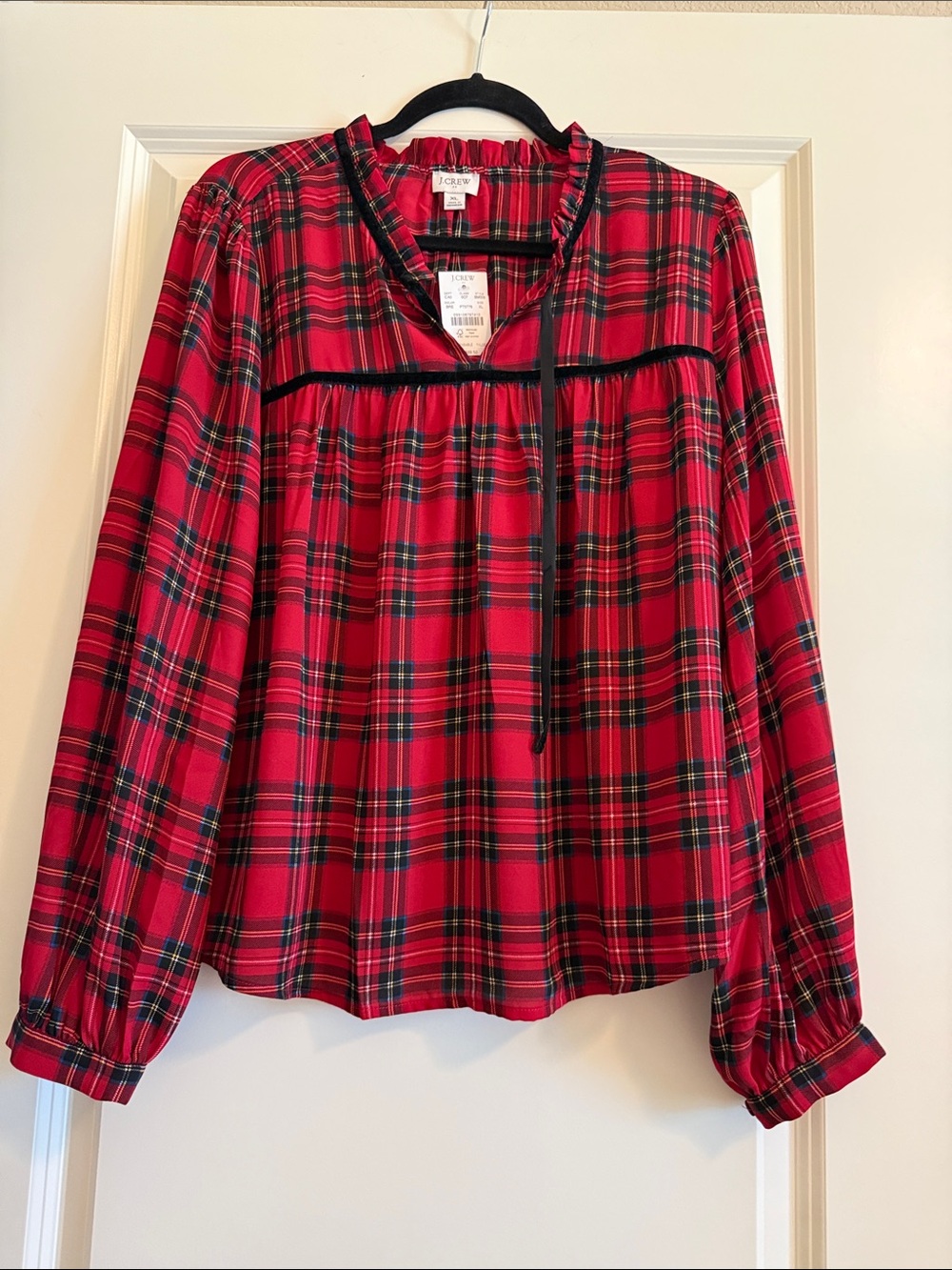 J. Crew Red and Black Plaid Long-Sleeve Peasant Top
